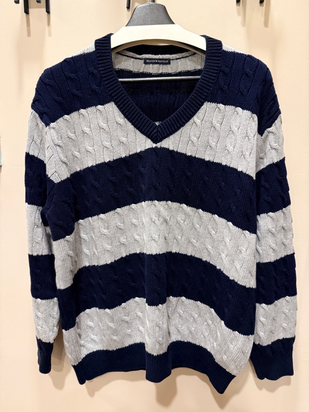 Brandy Melville Navy & Light Gray Striped Cable V-Neck Sweater